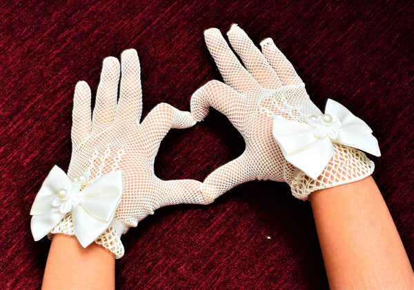TIPY TIPY TAP FULLFINGER NETTED BOW GLOVES - IVORY
