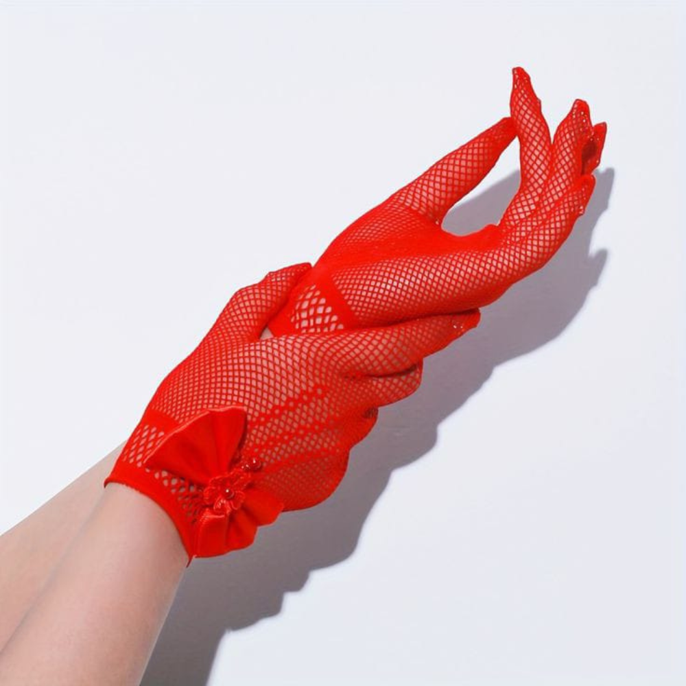 TIPY TIPY TAP FULLFINGER NETTED BOW GLOVES - RED