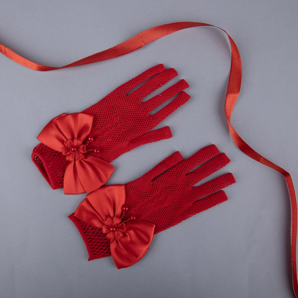TIPY TIPY TAP FULLFINGER NETTED BOW GLOVES - RED