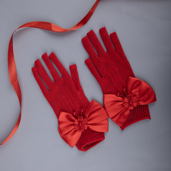 TIPY TIPY TAP FULLFINGER NETTED BOW GLOVES - RED
