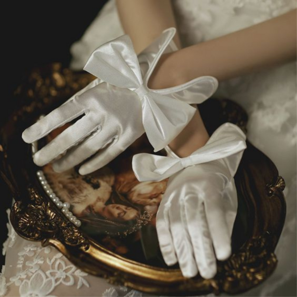 TIPY TIPY TAP FULLFINGER SATIN HUGE BOW GLOVES - IVORY
