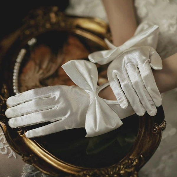 TIPY TIPY TAP FULLFINGER SATIN HUGE BOW GLOVES - IVORY