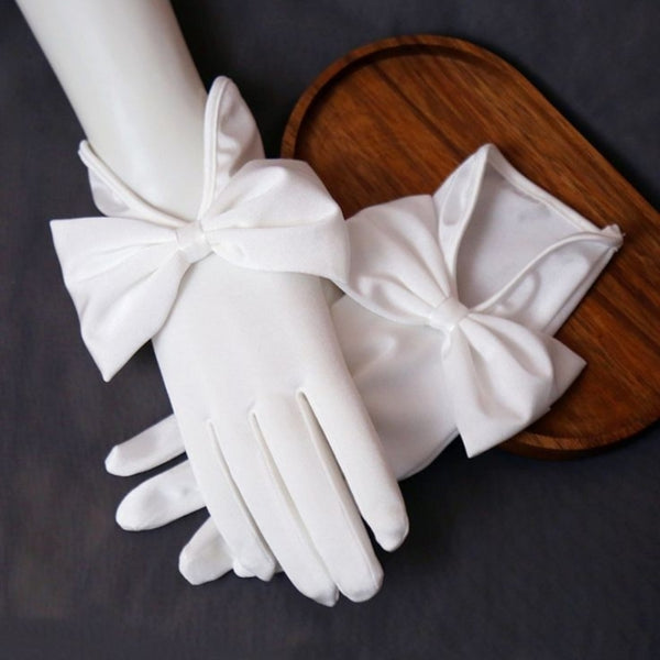 TIPY TIPY TAP FULLFINGER SATIN HUGE BOW GLOVES - WHITE