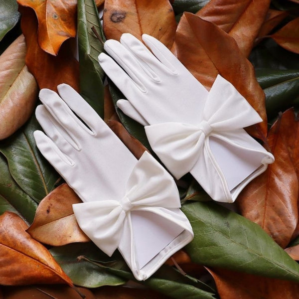 TIPY TIPY TAP FULLFINGER SATIN HUGE BOW GLOVES - WHITE