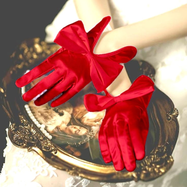 TIPY TIPY TAP FULLFINGER SATIN HUGE BOW GLOVES - RED