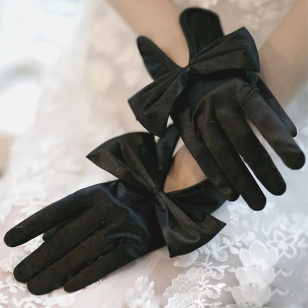 TIPY TIPY TAP FULLFINGER SATIN HUGE BOW GLOVES - BLACK