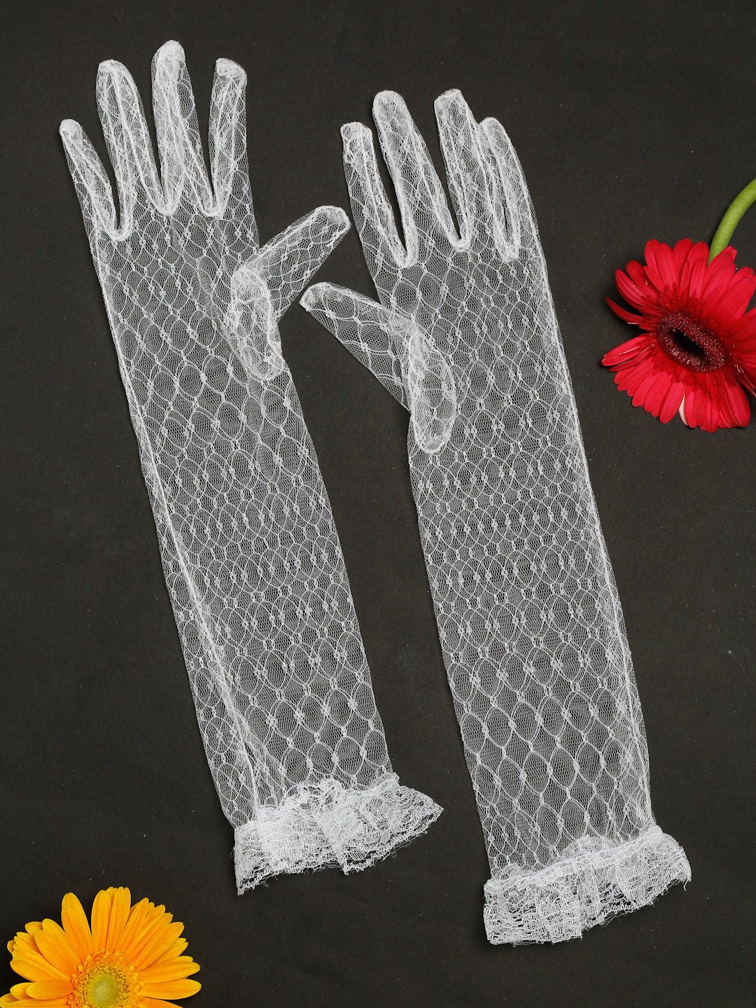 TIPY TIPY TAP FULL FINGER LONG NETTED GLOVES - WHITE