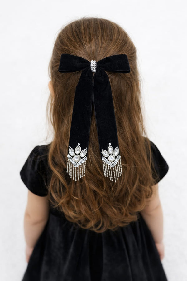 TIPY TIPY TAP Girls Black Velvet Long Bow Hair Clip with Crystal & Pearl Tassel Detailing | Luxury Party Wear Accessory