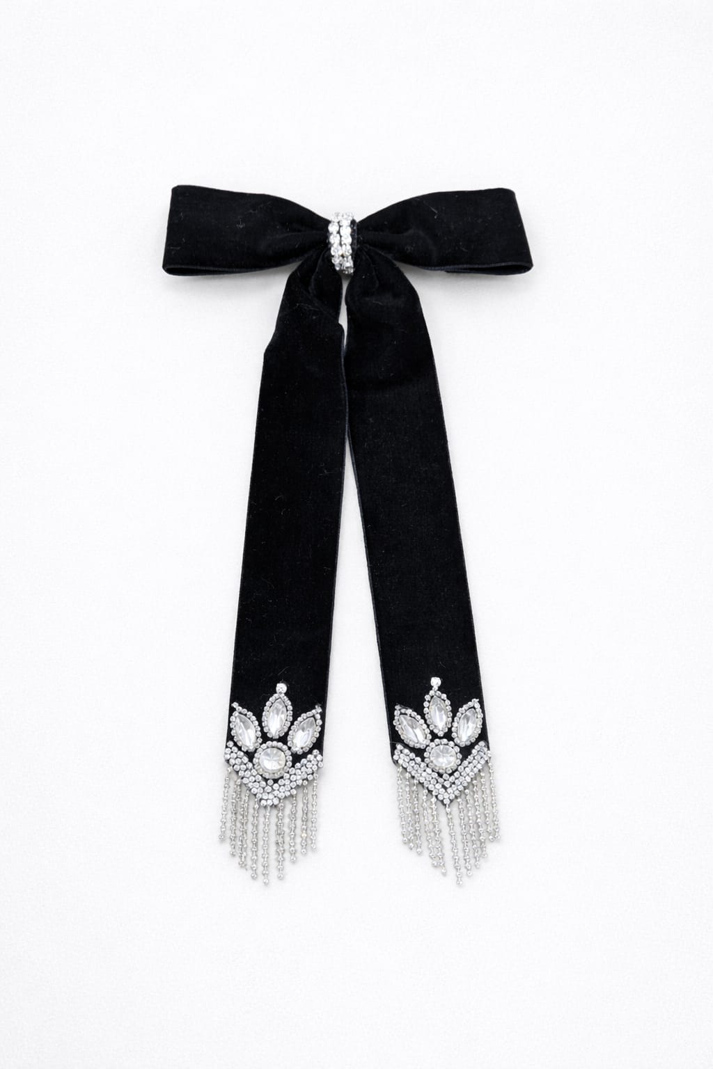 TIPY TIPY TAP Girls Black Velvet Long Bow Hair Clip with Crystal & Pearl Tassel Detailing | Luxury Party Wear Accessory