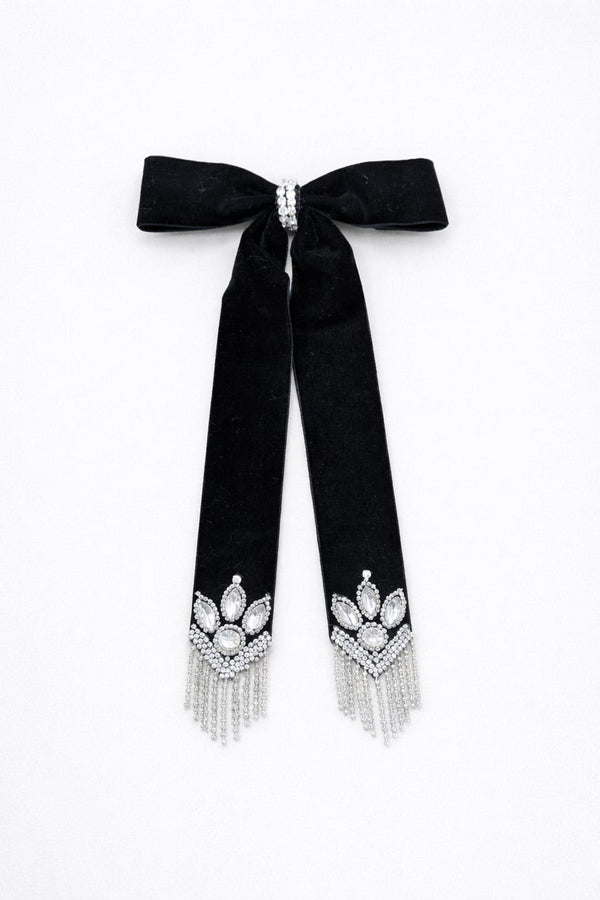 TIPY TIPY TAP Girls Black Velvet Long Bow Hair Clip with Crystal & Pearl Tassel Detailing | Luxury Party Wear Accessory