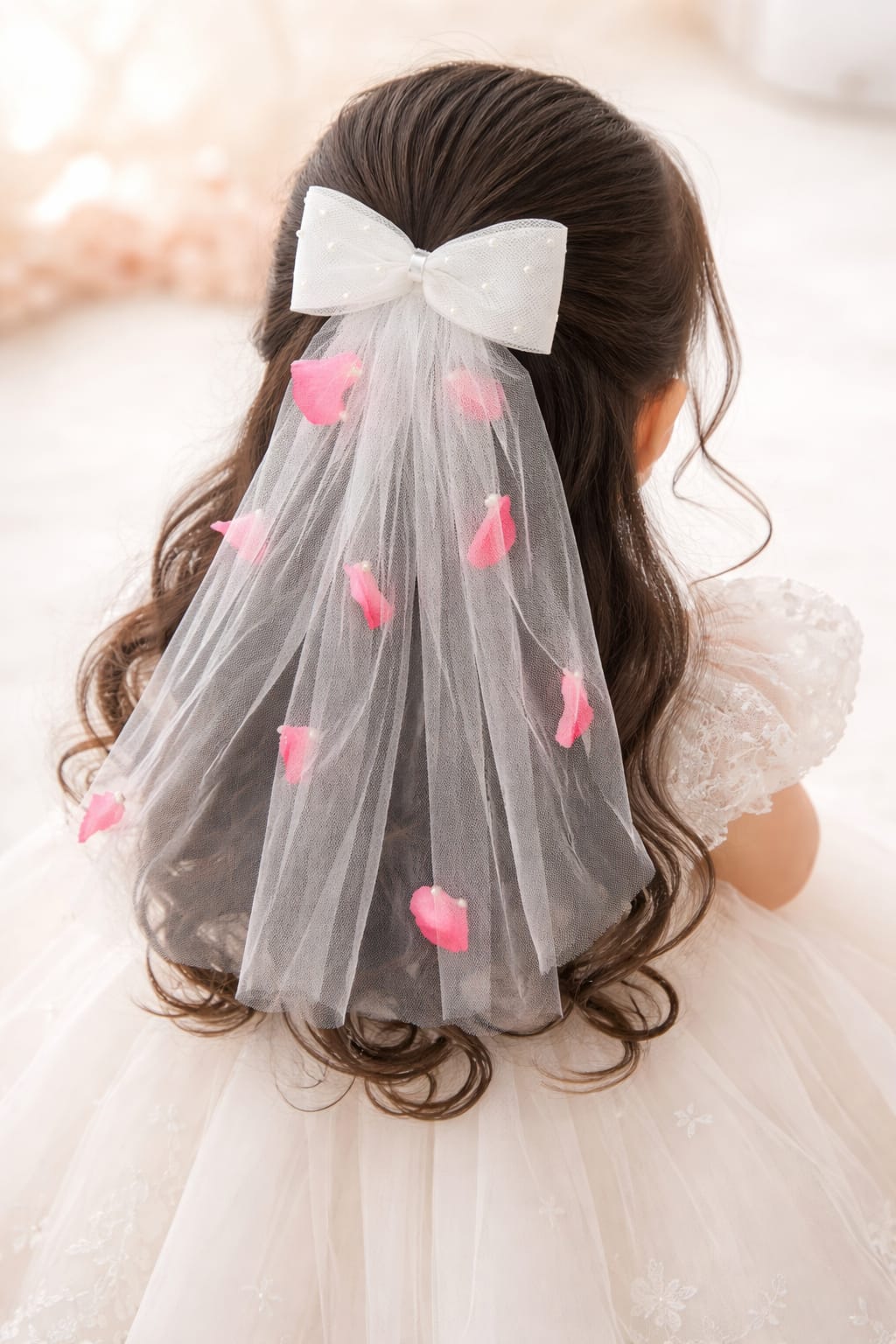 TIPY TIPY TAP Girls White Pearl Bow Veil Hair Clip with Pink Petal Detailing | Party & Wedding Hair Accessory