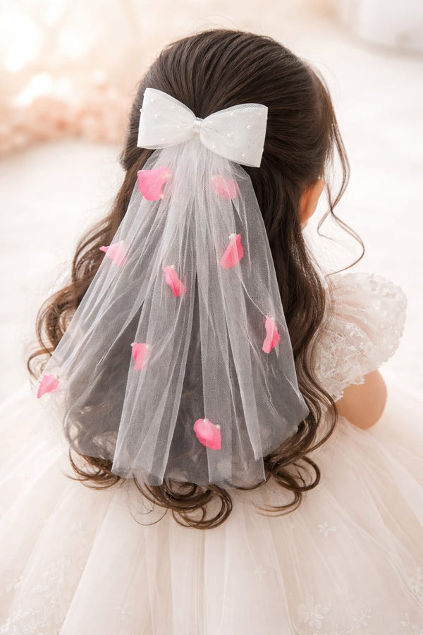 TIPY TIPY TAP Girls White Pearl Bow Veil Hair Clip with Pink Petal Detailing | Party & Wedding Hair Accessory