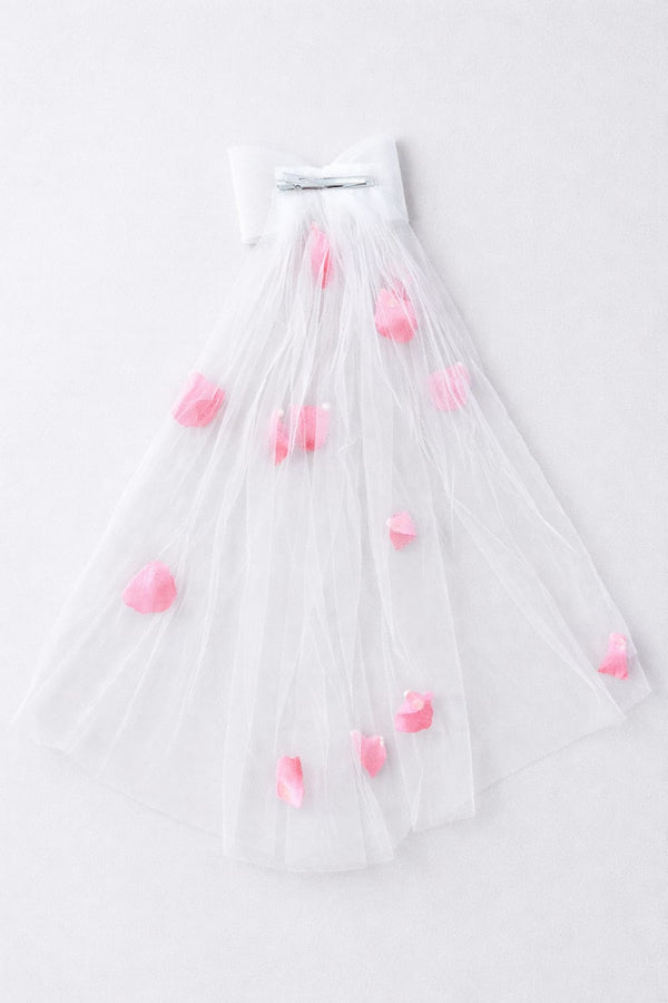 TIPY TIPY TAP Girls White Pearl Bow Veil Hair Clip with Pink Petal Detailing | Party & Wedding Hair Accessory