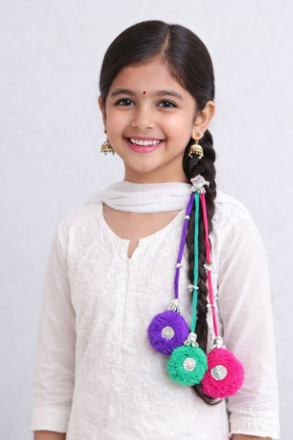 TIPY TIPY TAP Girls Colorful Pom Pom Parandi | Traditional Punjabi Hair Braid Accessory with Silver Detailing