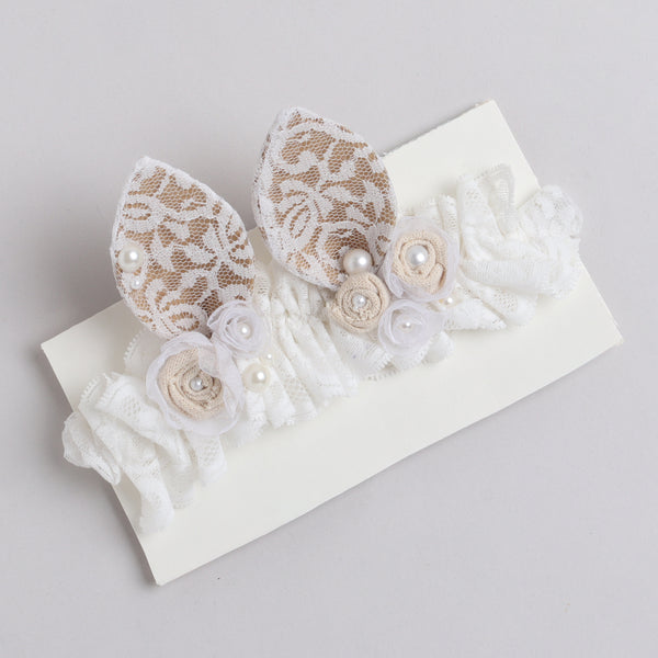 TIPY TIPY TAP Baby Girl White Lace Bunny Ear Headband with Pearl & Floral Detailing | Elegant Party Accessory