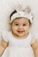 TIPY TIPY TAP Baby Girl White Lace Bunny Ear Headband with Pearl & Floral Detailing | Elegant Party Accessory