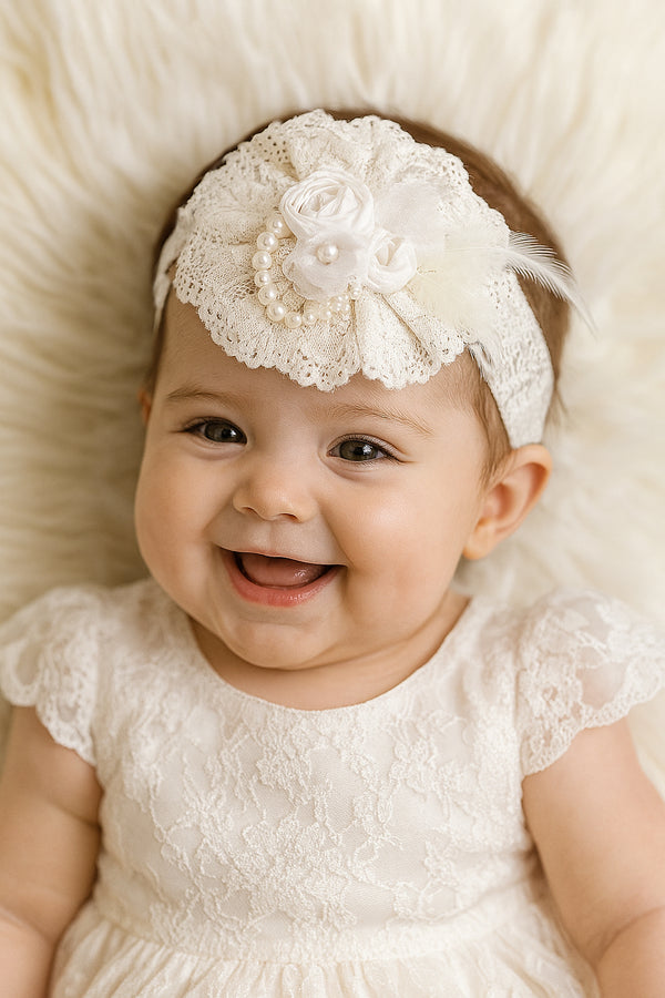 TIPY TIPY TAP Ivory Lace Pearl Floral Baby Headband with Feather Detail