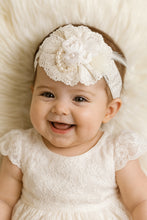 TIPY TIPY TAP Ivory Lace Pearl Floral Baby Headband with Feather Detail