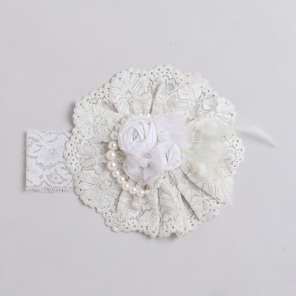 TIPY TIPY TAP Ivory Lace Pearl Floral Baby Headband with Feather Detail