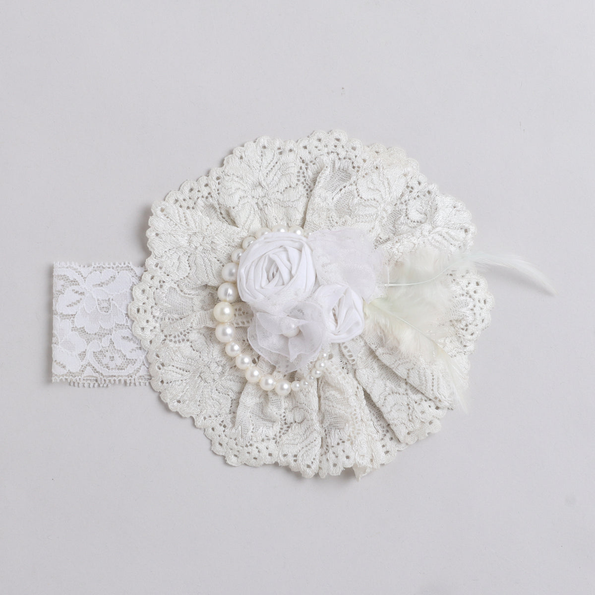 TIPY TIPY TAP Ivory Lace Pearl Floral Baby Headband with Feather Detail