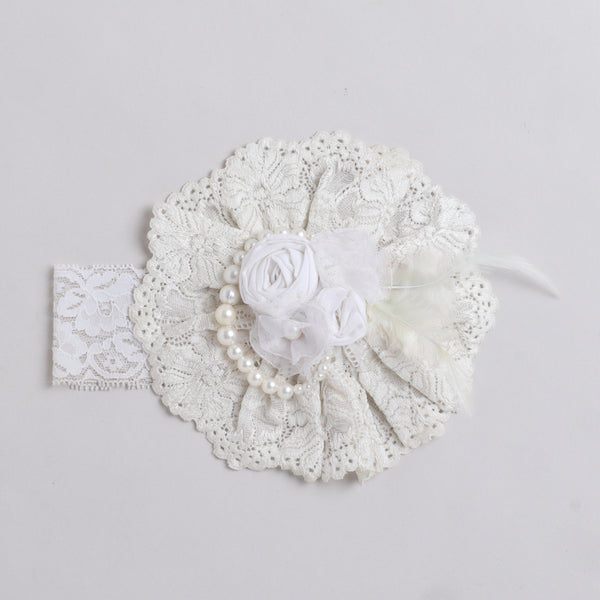 TIPY TIPY TAP Ivory Lace Pearl Floral Baby Headband with Feather Detail