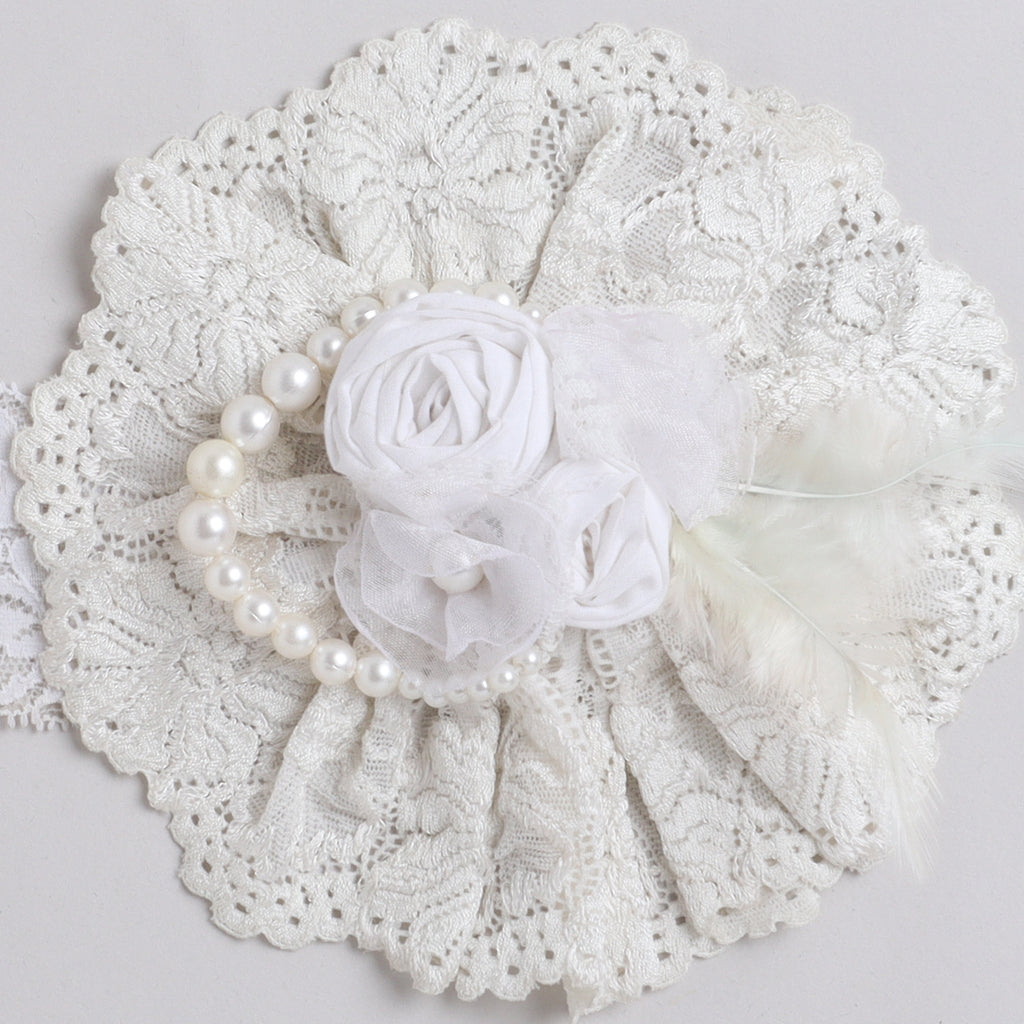 TIPY TIPY TAP Ivory Lace Pearl Floral Baby Headband with Feather Detail