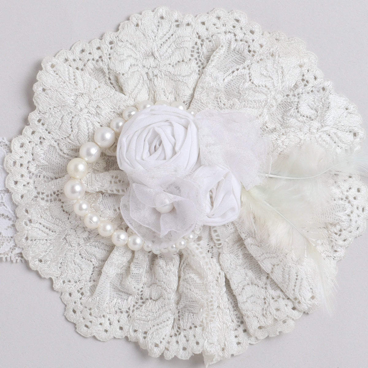 TIPY TIPY TAP Ivory Lace Pearl Floral Baby Headband with Feather Detail