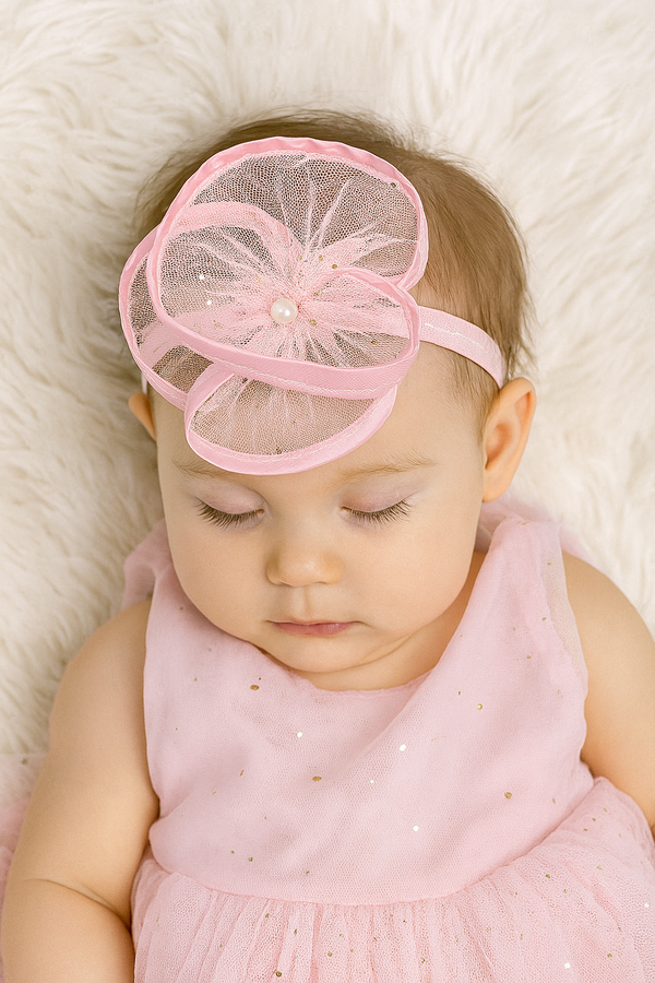 TIPY TIPY TAP Baby Girl Pink Net Flower Headband with Pearl Center | Elegant Party Wear Hair Accessory