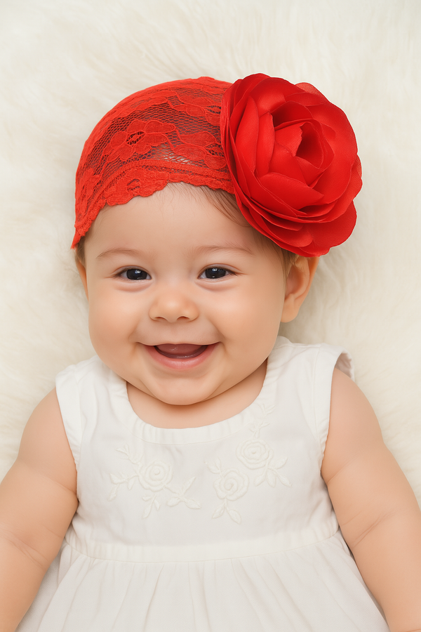 TIPY TIPY TAP Baby Girl Red Lace Floral Headwrap | Elegant Rose Soft Stretch Hair Accessory