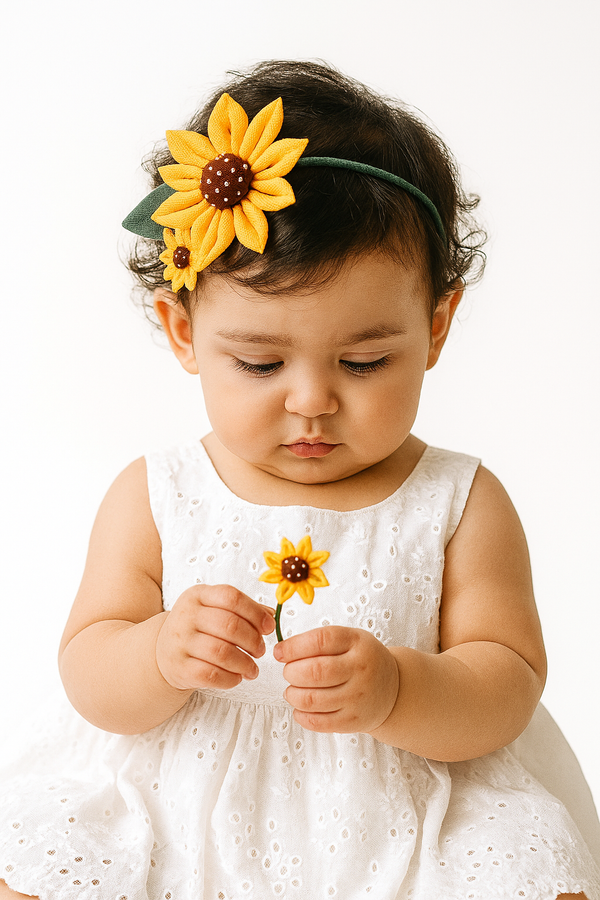 TIPY TIPY TAP Baby Girl Sunflower Headband | Yellow Floral Soft Hair Band with Green Leaf Detail