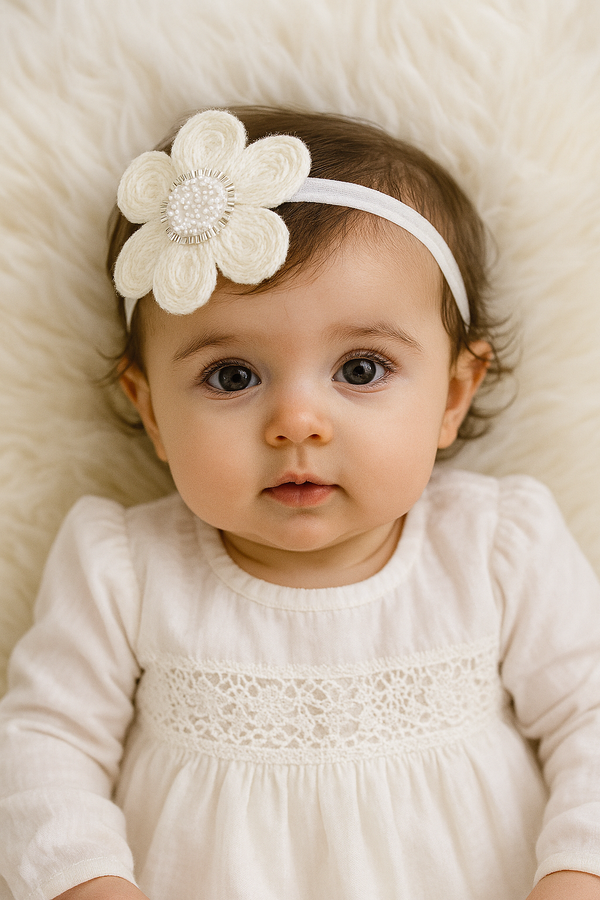 TIPY TIPY TAP Baby Girl White Knitted Flower Headband with Pearl Center | Soft Elastic Hair Band
