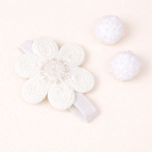 TIPY TIPY TAP Baby Girl White Knitted Flower Headband with Pearl Center | Soft Elastic Hair Band