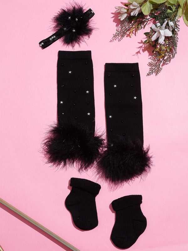 TIPY TIPY TAP FUR LEG WARMER WITH SOCKS & HEADBAND - BLACK