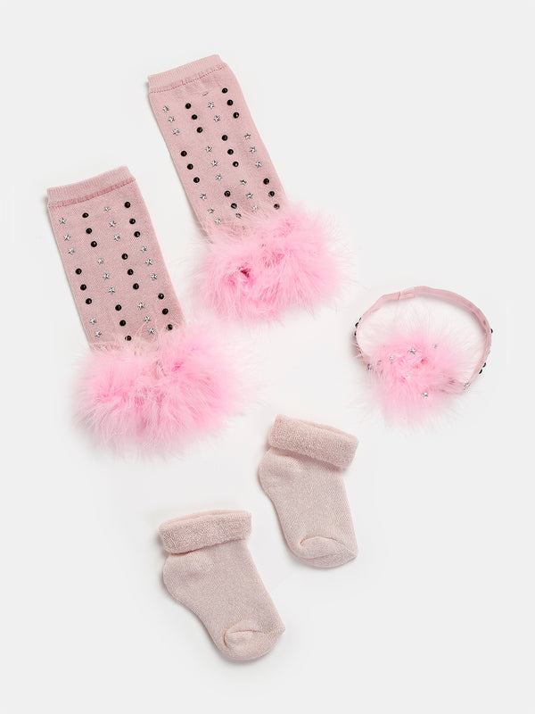 TIPY TIPY TAP FUR LEG WARMER WITH SOCKS & HEADBAND - PINK