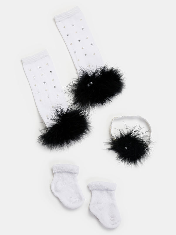 TIPY TIPY TAP FUR LEG WARMER WITH SOCKS & HEADBAND - WHITE