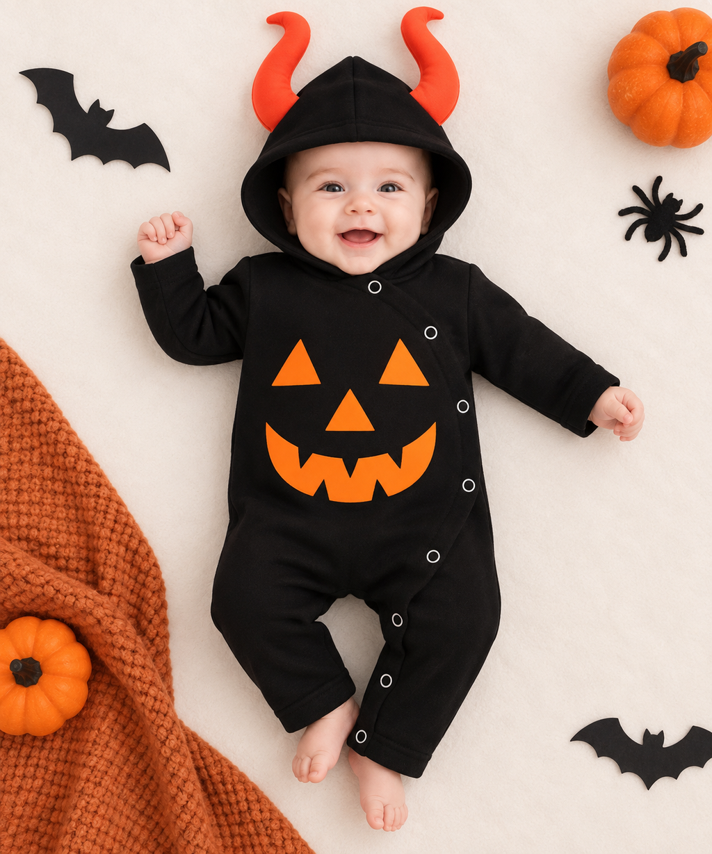 TIPY TIPY TAP PUMPKIN HOODED ROMPER COSTUME - BLACK