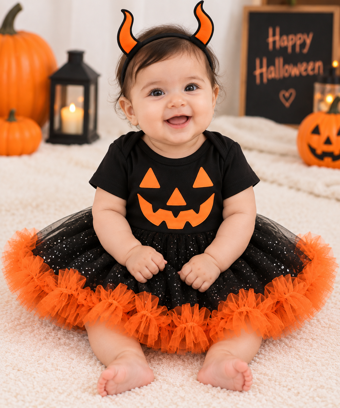 Halloween Pumpkin Baby Girl Dress with Headband