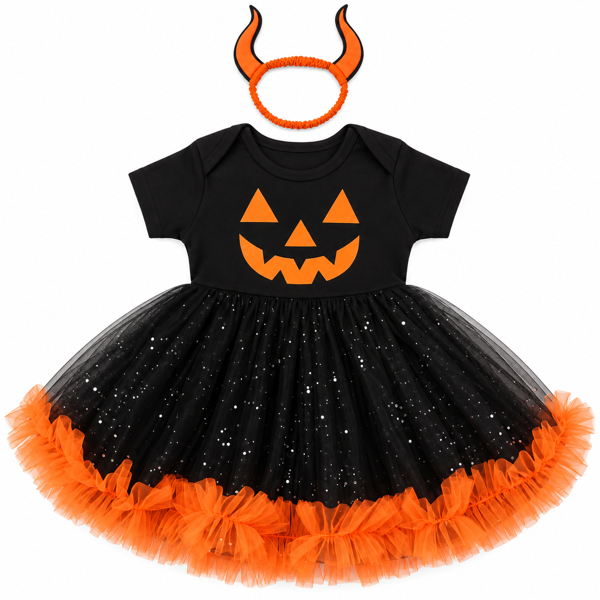 Halloween Pumpkin Baby Girl Dress with Headband