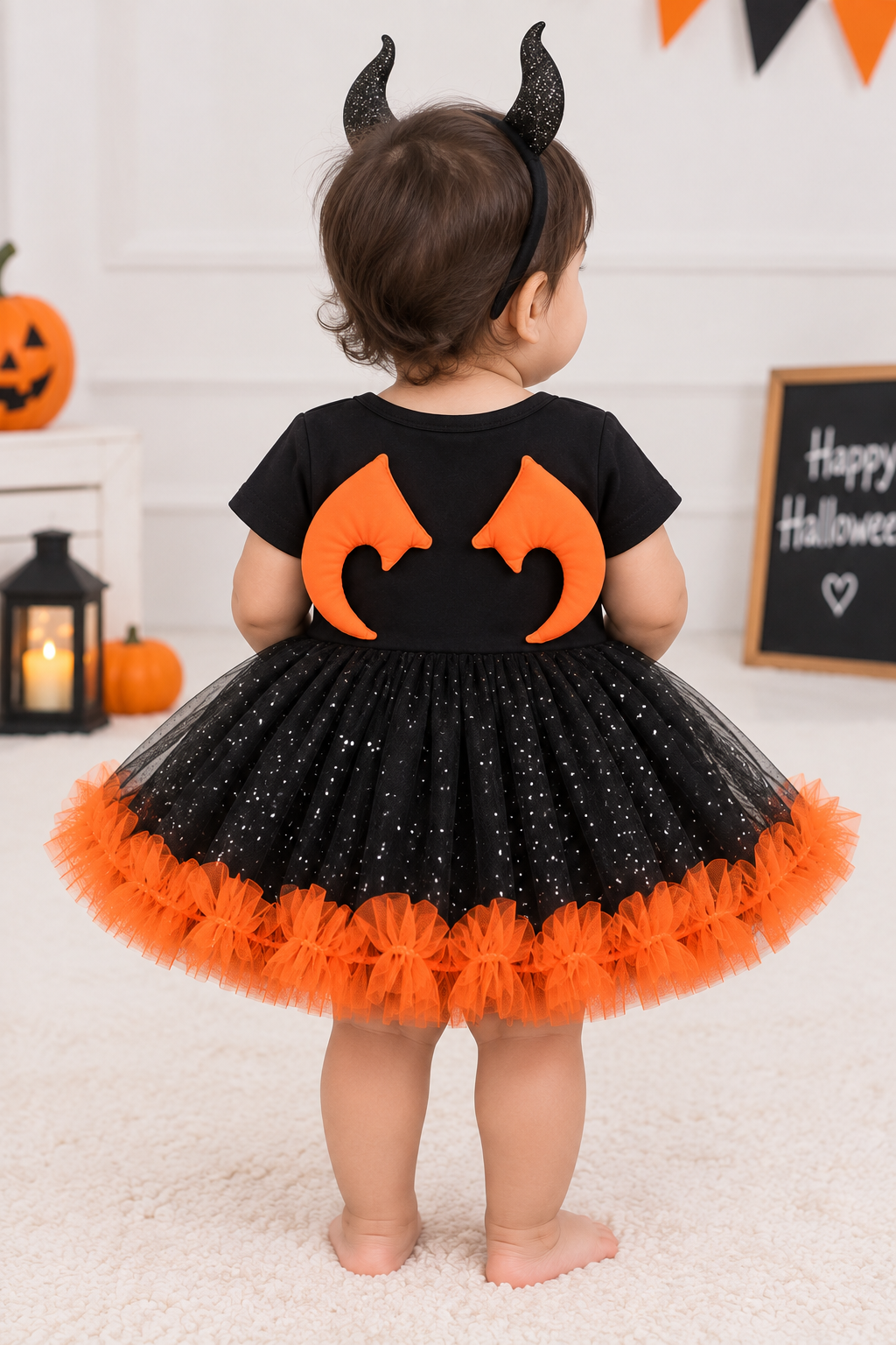Halloween Pumpkin Baby Girl Dress with Headband