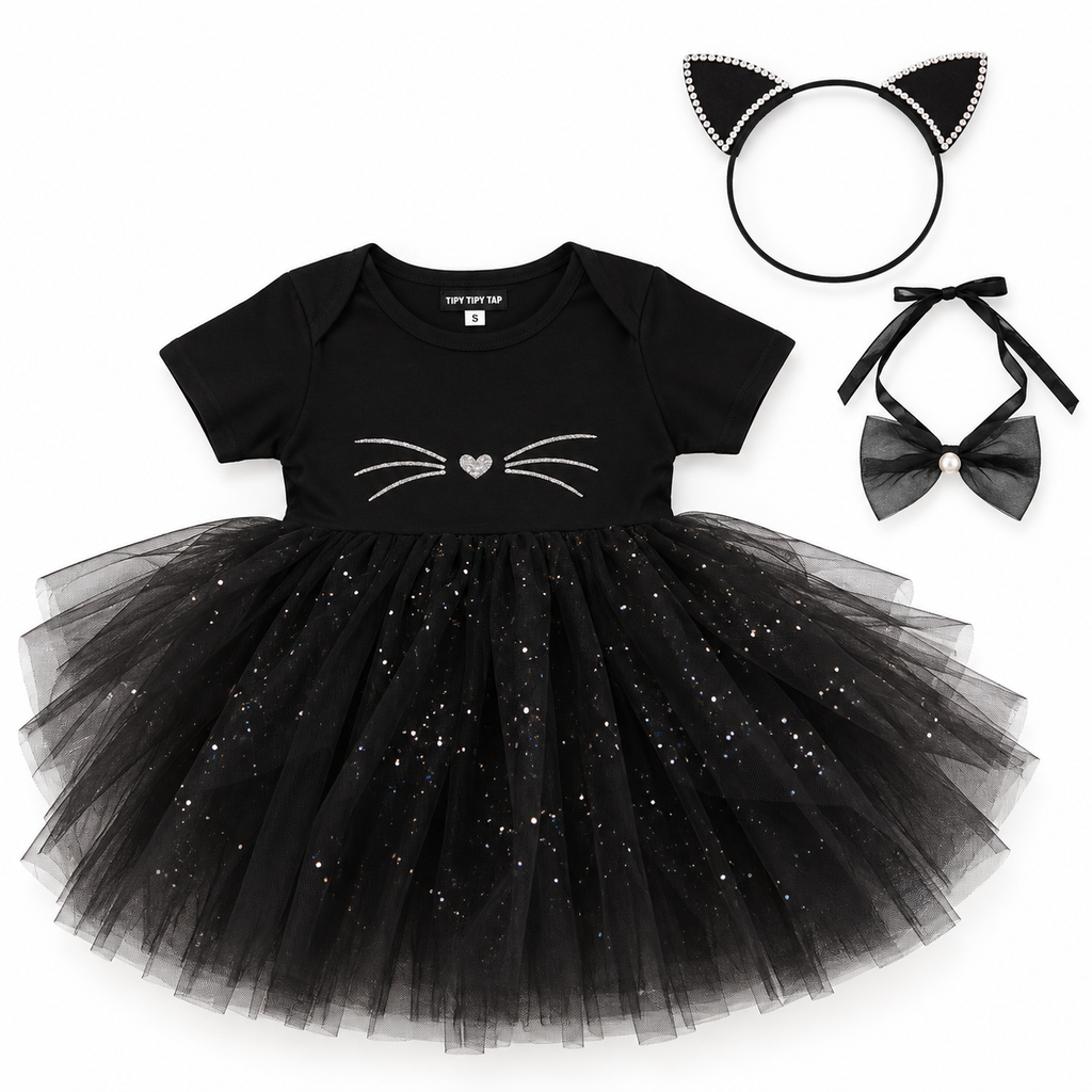 TIPY TIPY TAP CAT BODYSUIT DRESS WITH HAIRBAND AND BOW CHOKER - BLACK