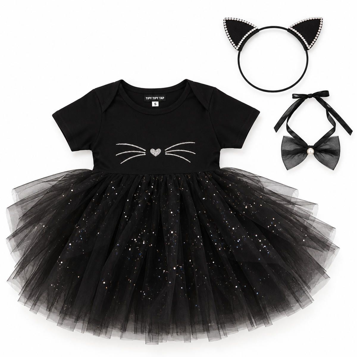 TIPY TIPY TAP CAT BODYSUIT DRESS WITH HAIRBAND AND BOW CHOKER - BLACK