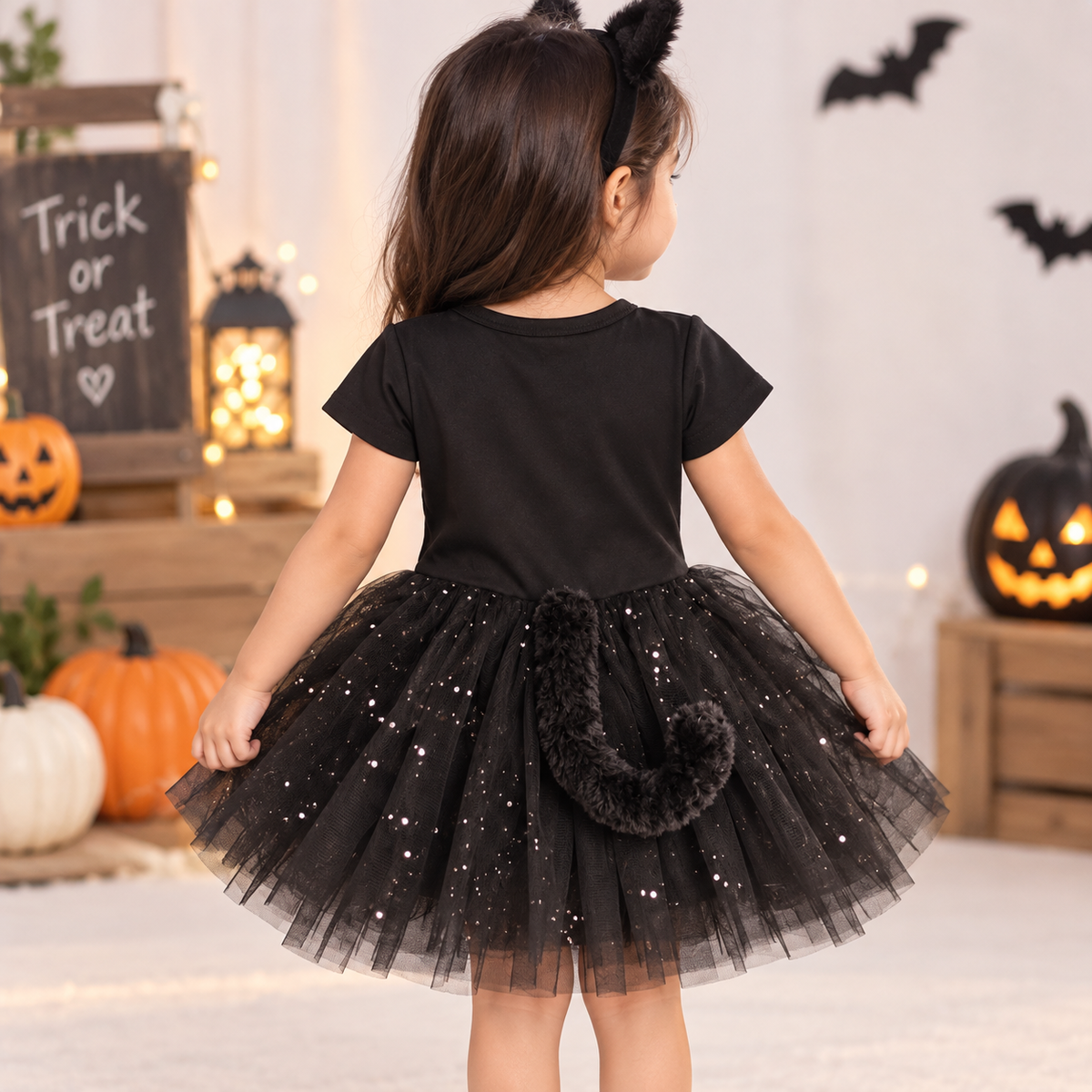 TIPY TIPY TAP CAT BODYSUIT DRESS WITH HAIRBAND AND BOW CHOKER - BLACK