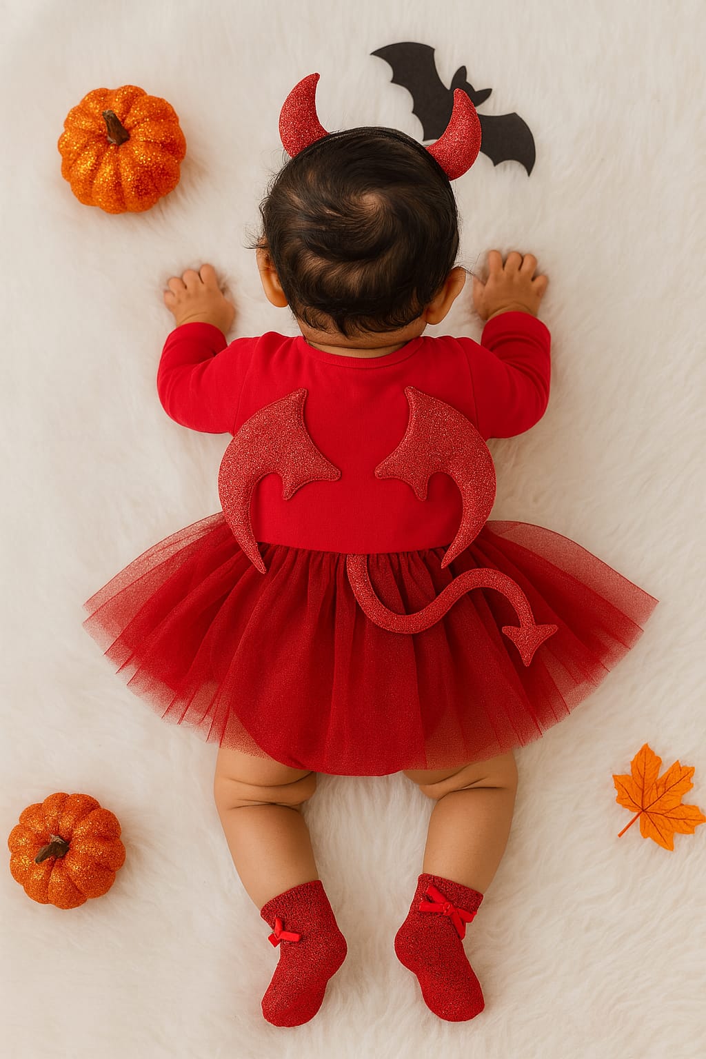 Baby Girls Devil Halloween Bodysuit Dress Set with Horn Headband & Socks