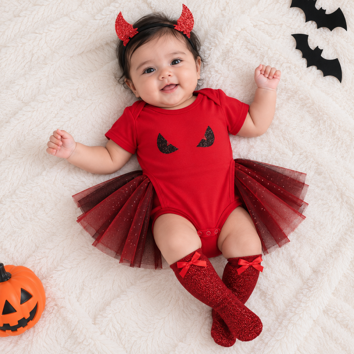 Baby Girls Devil Halloween Bodysuit Dress Set with Horn Headband & Socks