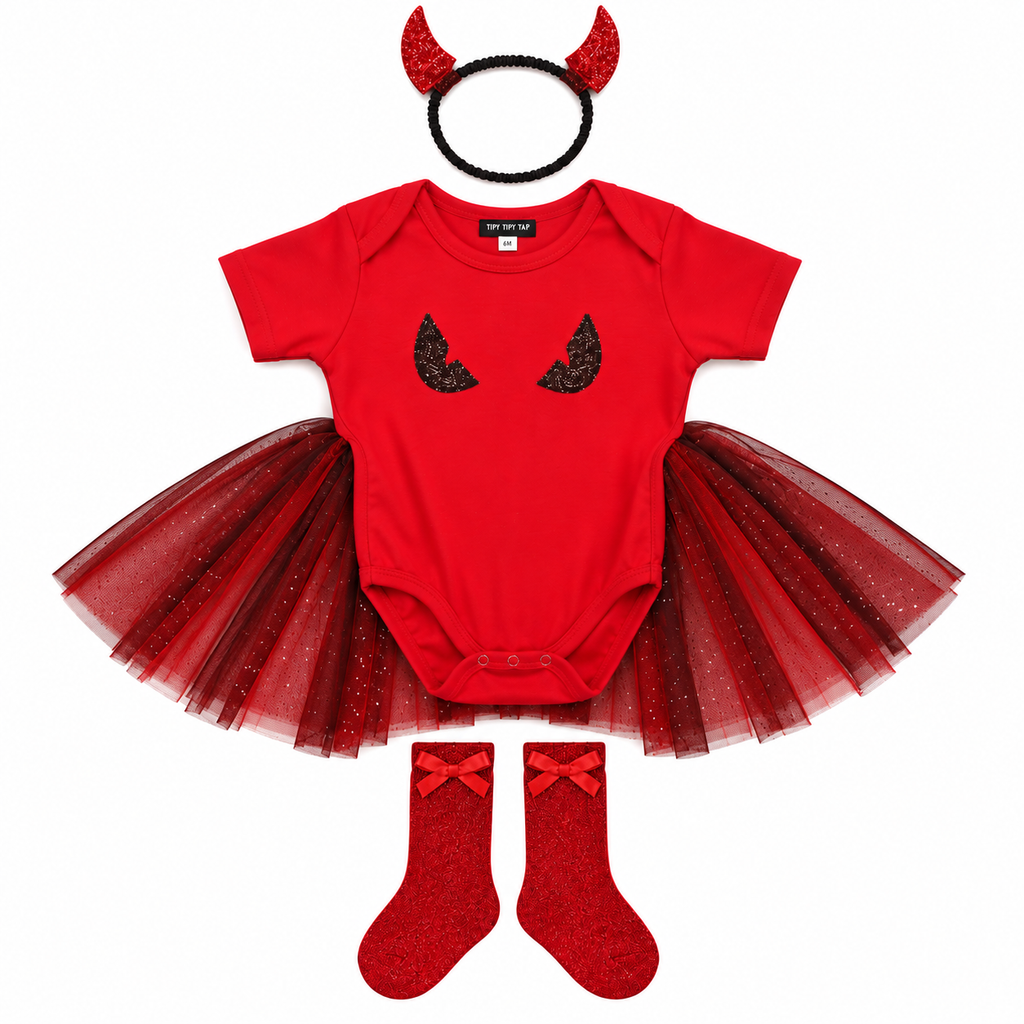 Baby Girls Devil Halloween Bodysuit Dress Set with Horn Headband & Socks