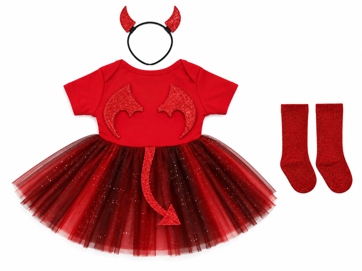 Baby Girls Devil Halloween Bodysuit Dress Set with Horn Headband & Socks