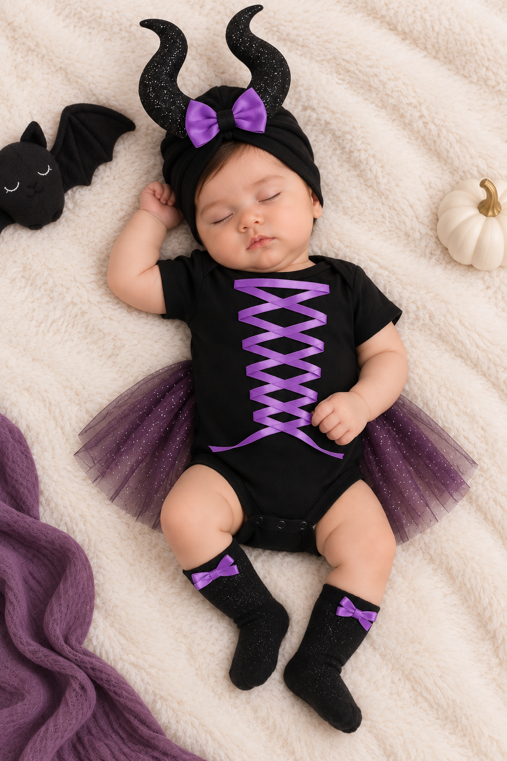 TIPY TIPY TAP WITCH BODYSUIT DRESS WITH CAP AND SOCKS - BLACK/PURPLE