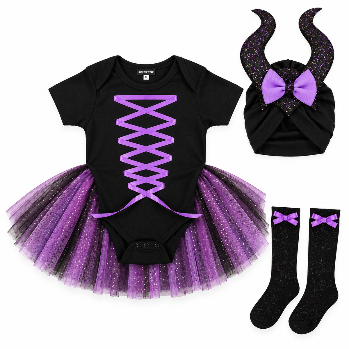 TIPY TIPY TAP WITCH BODYSUIT DRESS WITH CAP AND SOCKS - BLACK/PURPLE