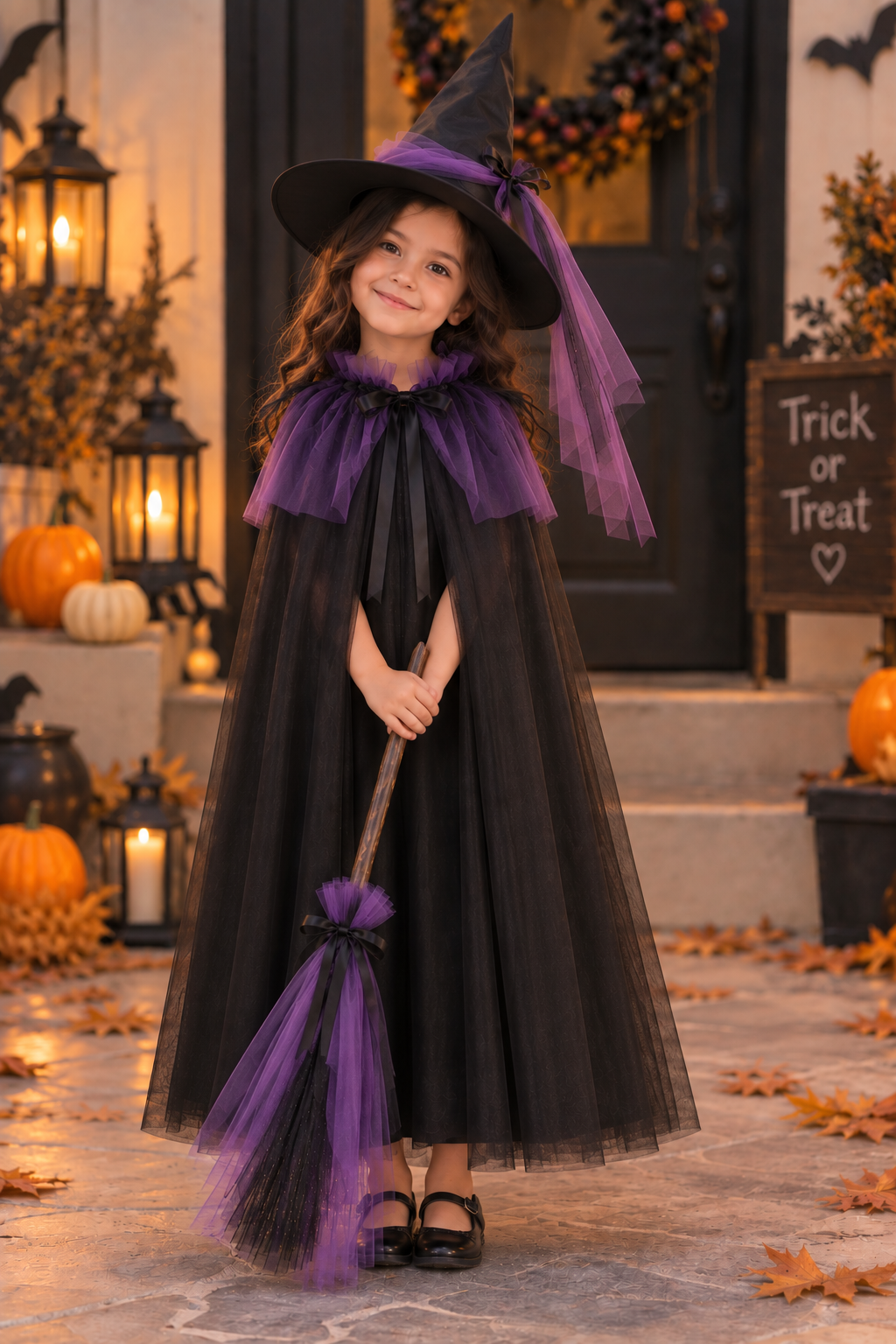 TIPY TIPY TAP WITCH CAPE WITH CAP & BROOM - PURPLE/BLACK