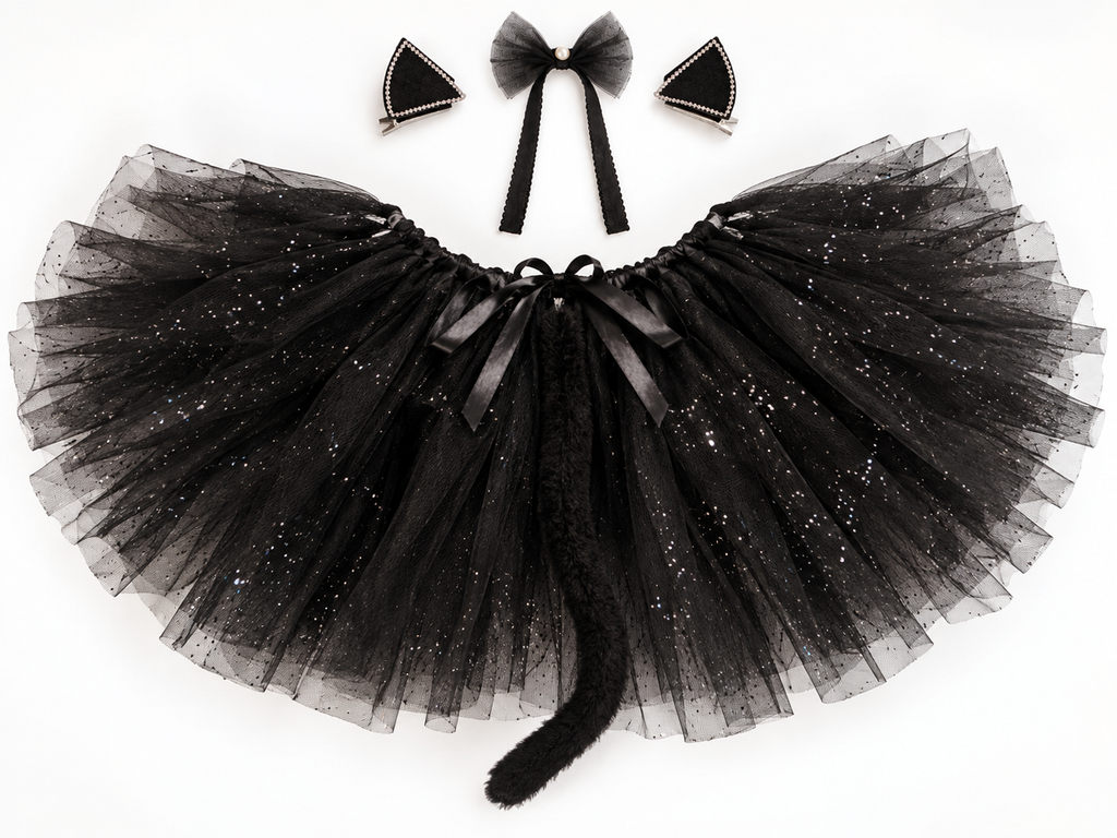 TIPY TIPY TAP CAT TUTU SKIRT WITH ATTACHED TAIL,CLIPS AND CHOKER - BLACK